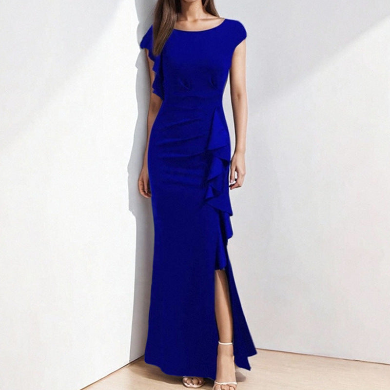 Women's sheath dress with asymmetrical ruffles and high slit, size [size]