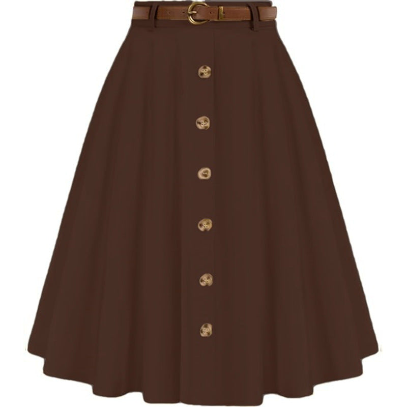 Women's A-line skirt with button placket and belt, size