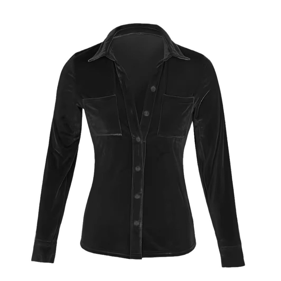 Elegante Damenbluse aus Seide mit langen Ärmeln und aufgesetzten Taschen, Größe Valenzora