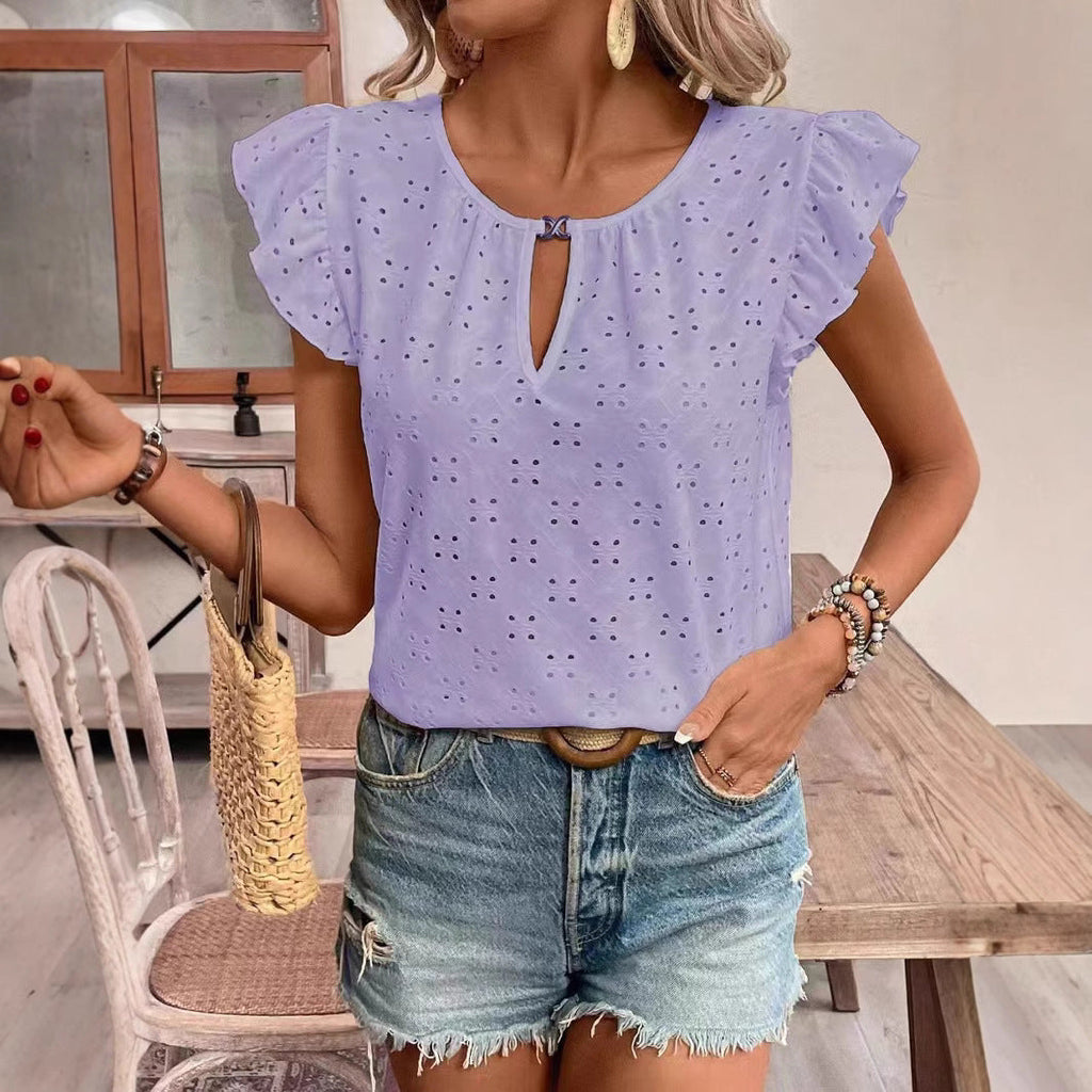Women's blouse with ruffle details and eyelet embroidery, size