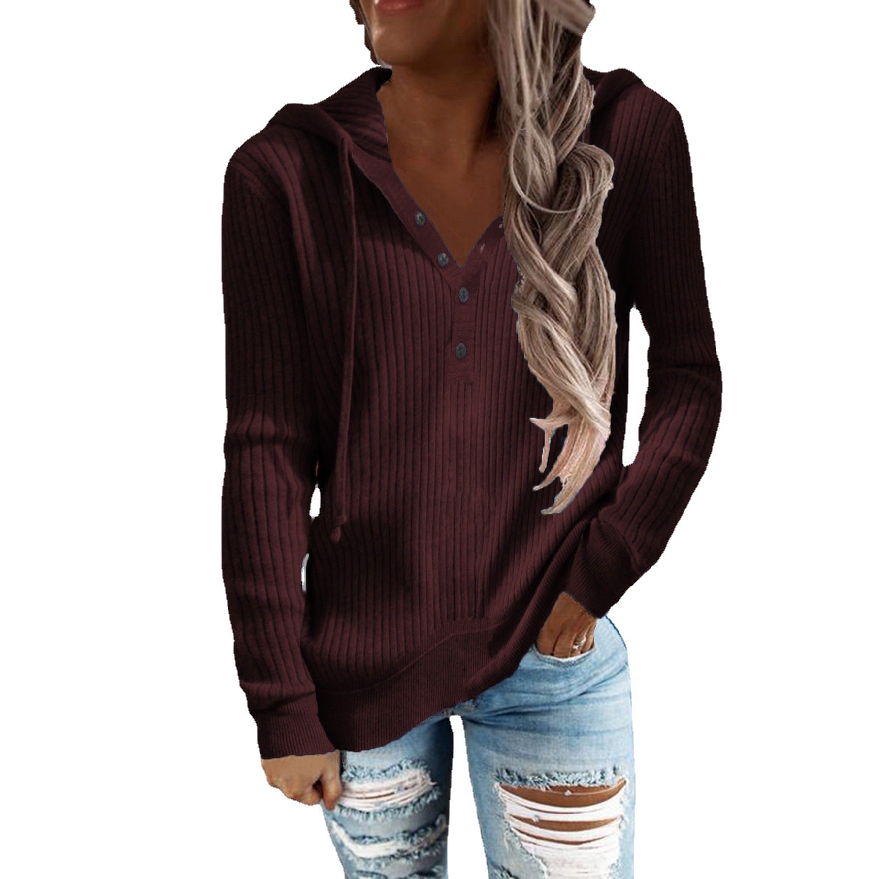 Kapuzenpullover für Damen mit Strukturrippenmuster und praktischen Knopfdetails, Größe S