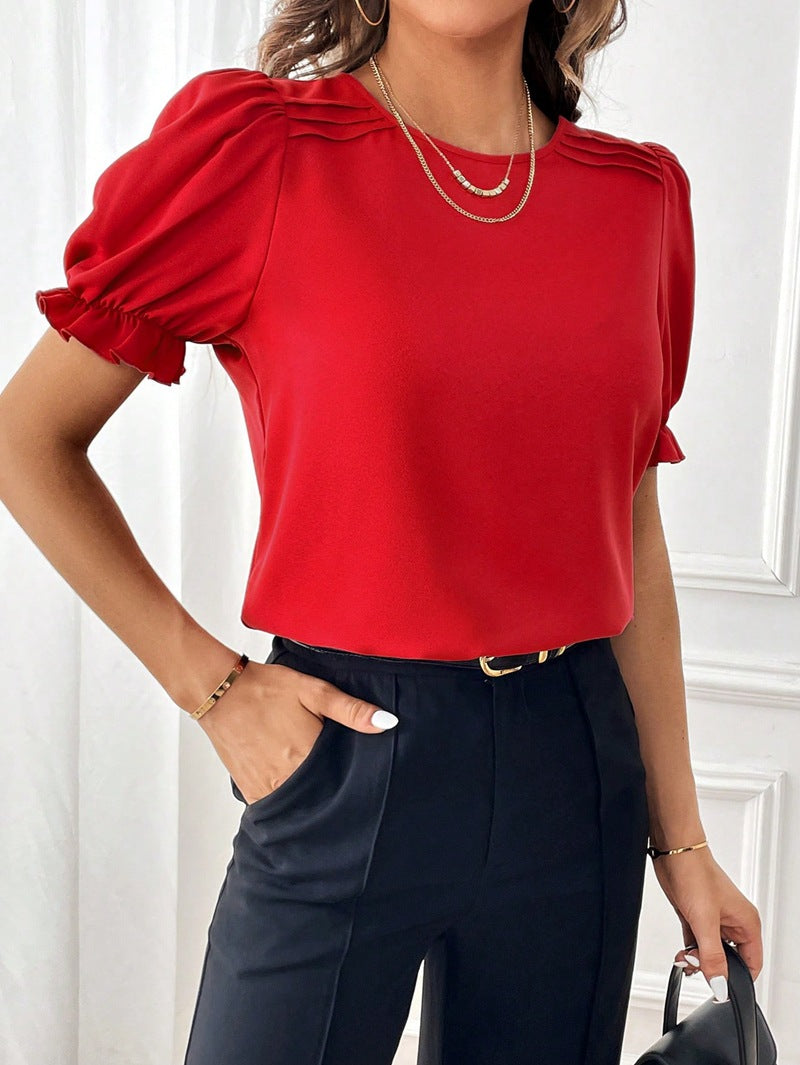 Valenzora Pure-Color Rundhals-Shirt-Oberteil mit Temperament