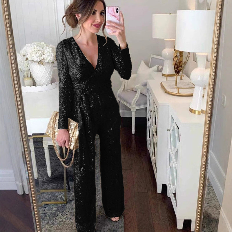 Women's glamorous jumpsuit with sparkling sequins and elegant deep V-neck, size [size]