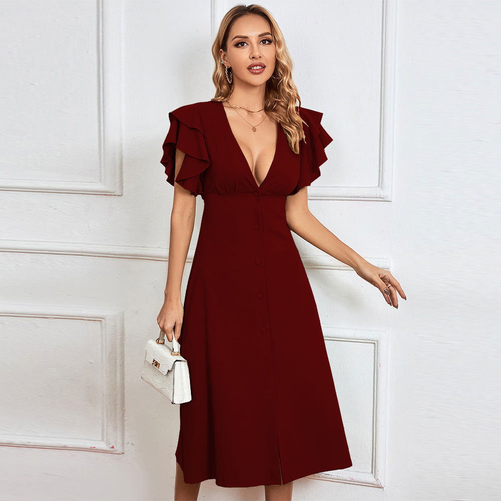 Women's midi dress with voluminous ruffle details and deep V-neck, size