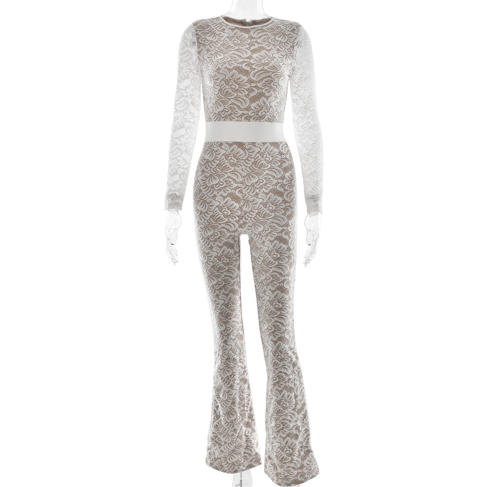 Damen Eleganter Spitzen-Overall mit Blumenmuster Größe