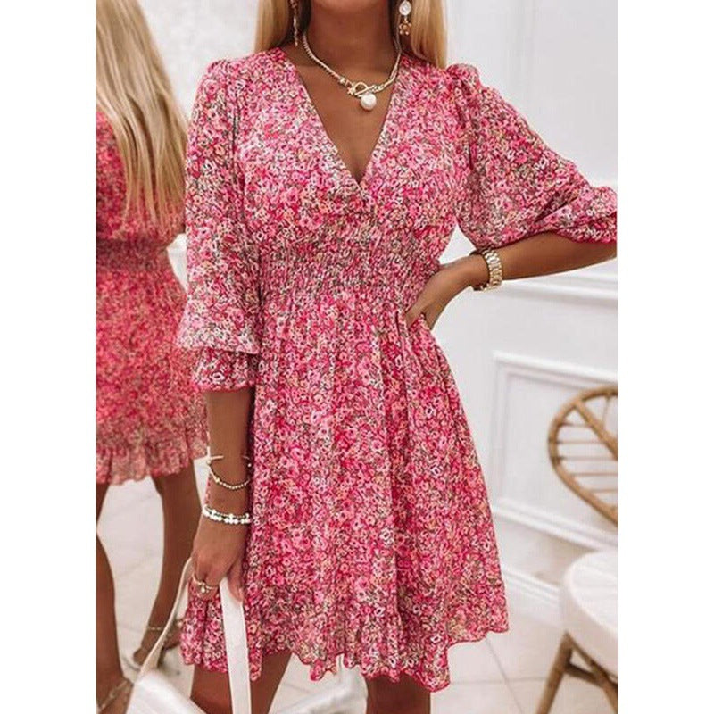 Damen Blusenkleid im romantischen Floral-Design mit V-Ausschnitt und Rüschenärmeln Drune