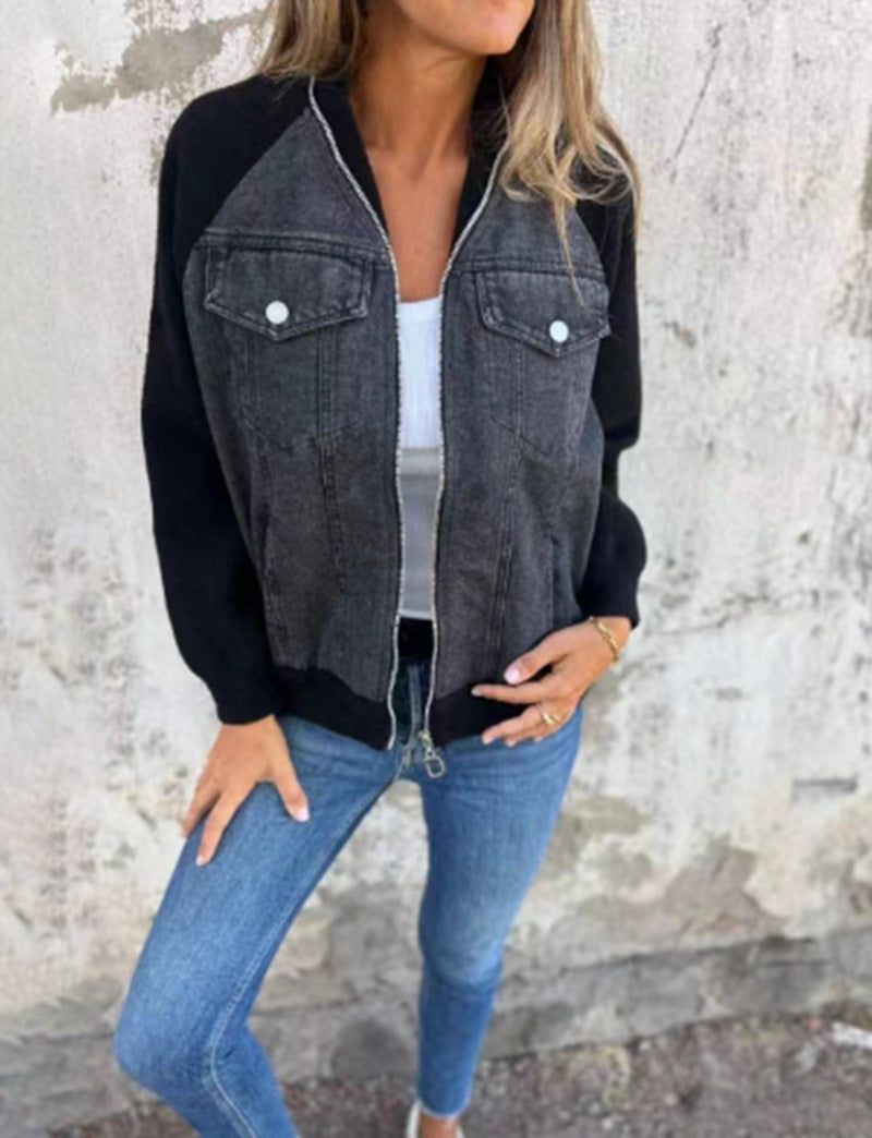 Damen-Jeansjacke mit kontrastierenden Ärmeln und praktischen Taschen, Größe S
