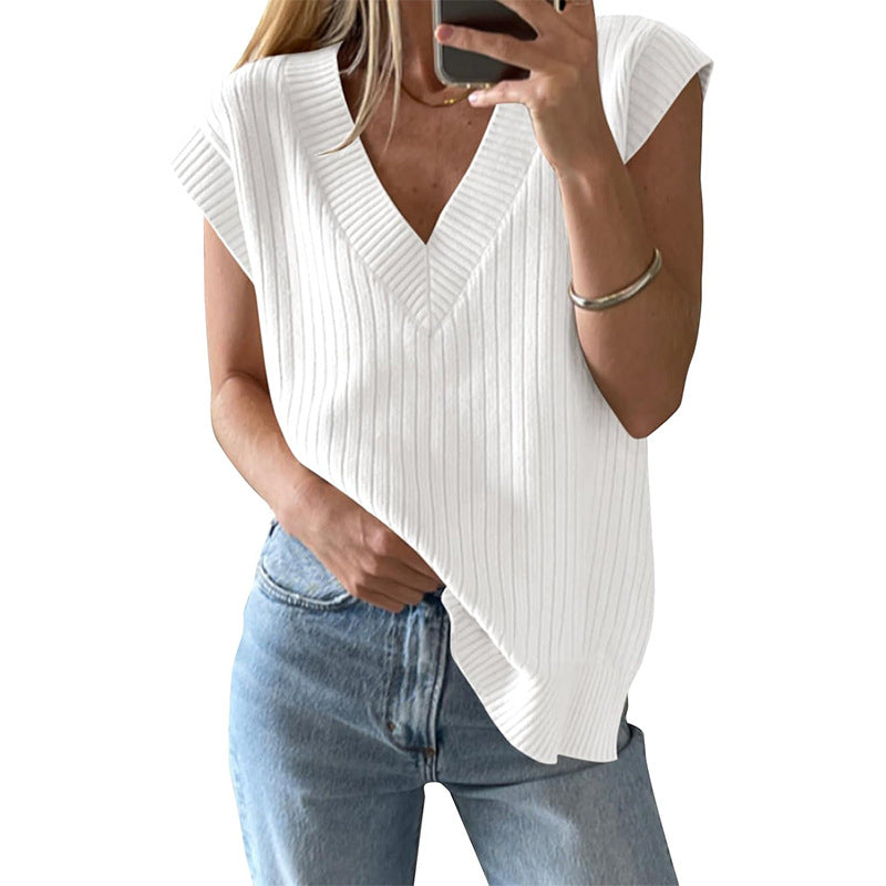 Women's casual V-neck ribbed knit top, size