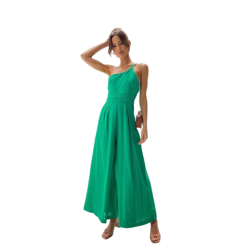 Damen-Jumpsuit mit weitem Bein und eleganten Spaghettiträgern, Größe
