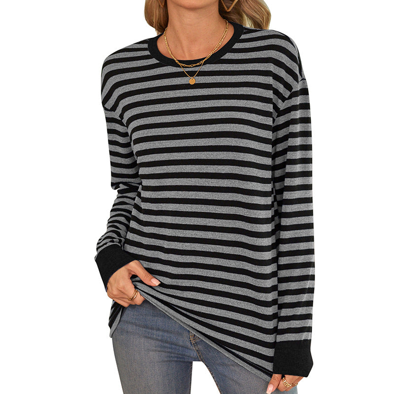 Bequemes Damen-Langarmshirt im Streifen-Design mit Rundhalsausschnitt, Größe