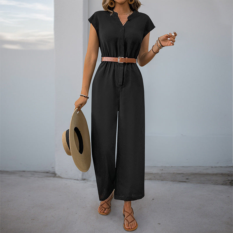 Women's jumpsuit with elegant waist belt and modern V-neck, size