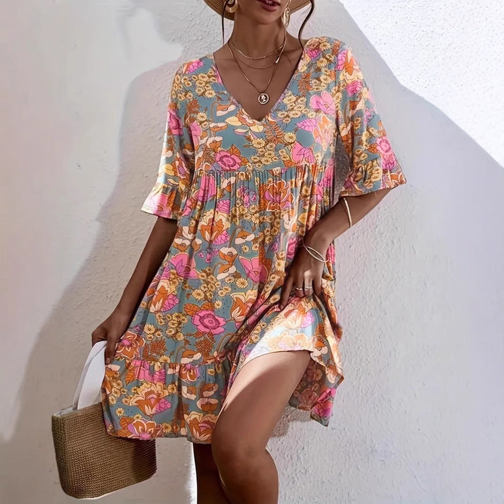 Damen Freizeitkleid mit V-Ausschnitt und fließendem Schnitt Drune