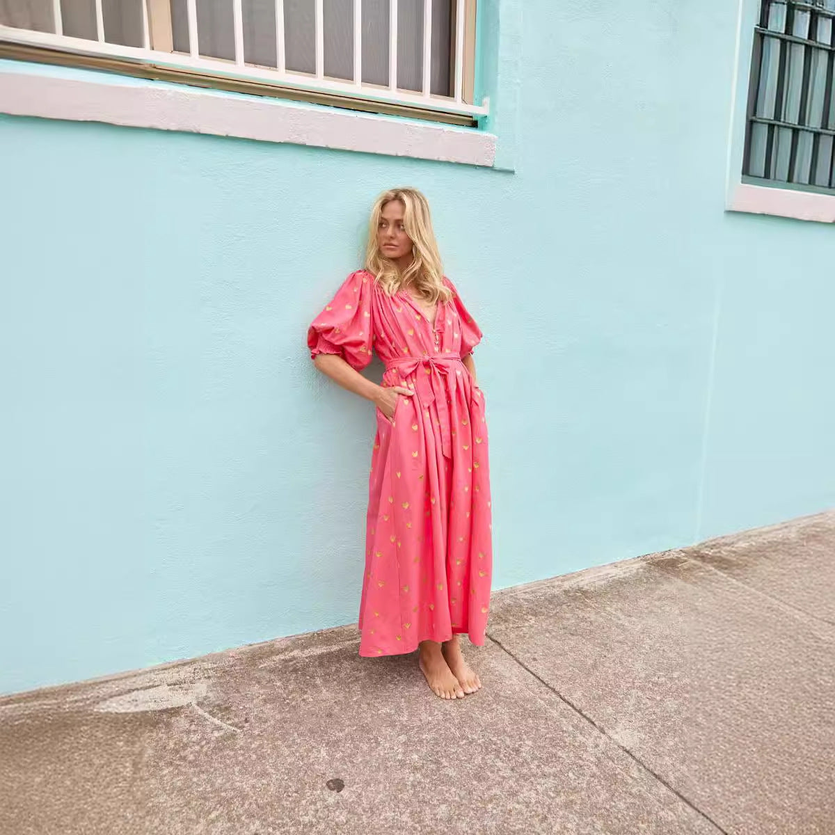 Women's summer dress with puff sleeves and gold details, size