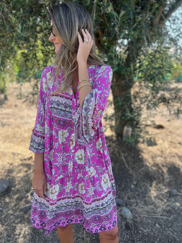 Women's Boho Chic Dress with Floral Patterns and Button Placket Drune