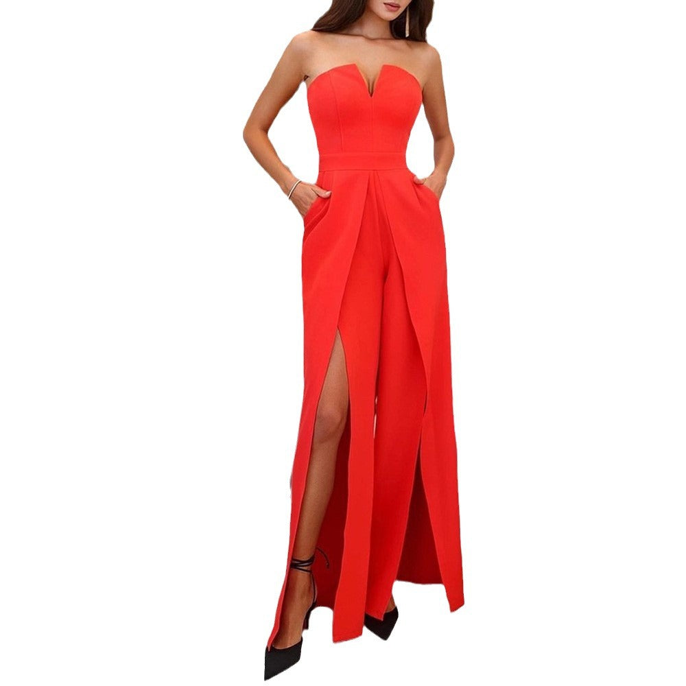 Damen Eleganter Trägerloser Overall mit Weitem Bein und Taschen, Größe