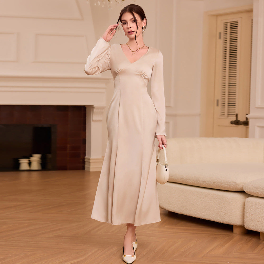 Elegantes Damen-Satin-Kleid mit V-Ausschnitt und langen Ärmeln, Größe