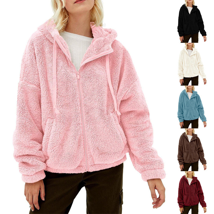 Damen flauschige Kapuzenjacke mit praktischen Taschen und Reißverschluss, Größe