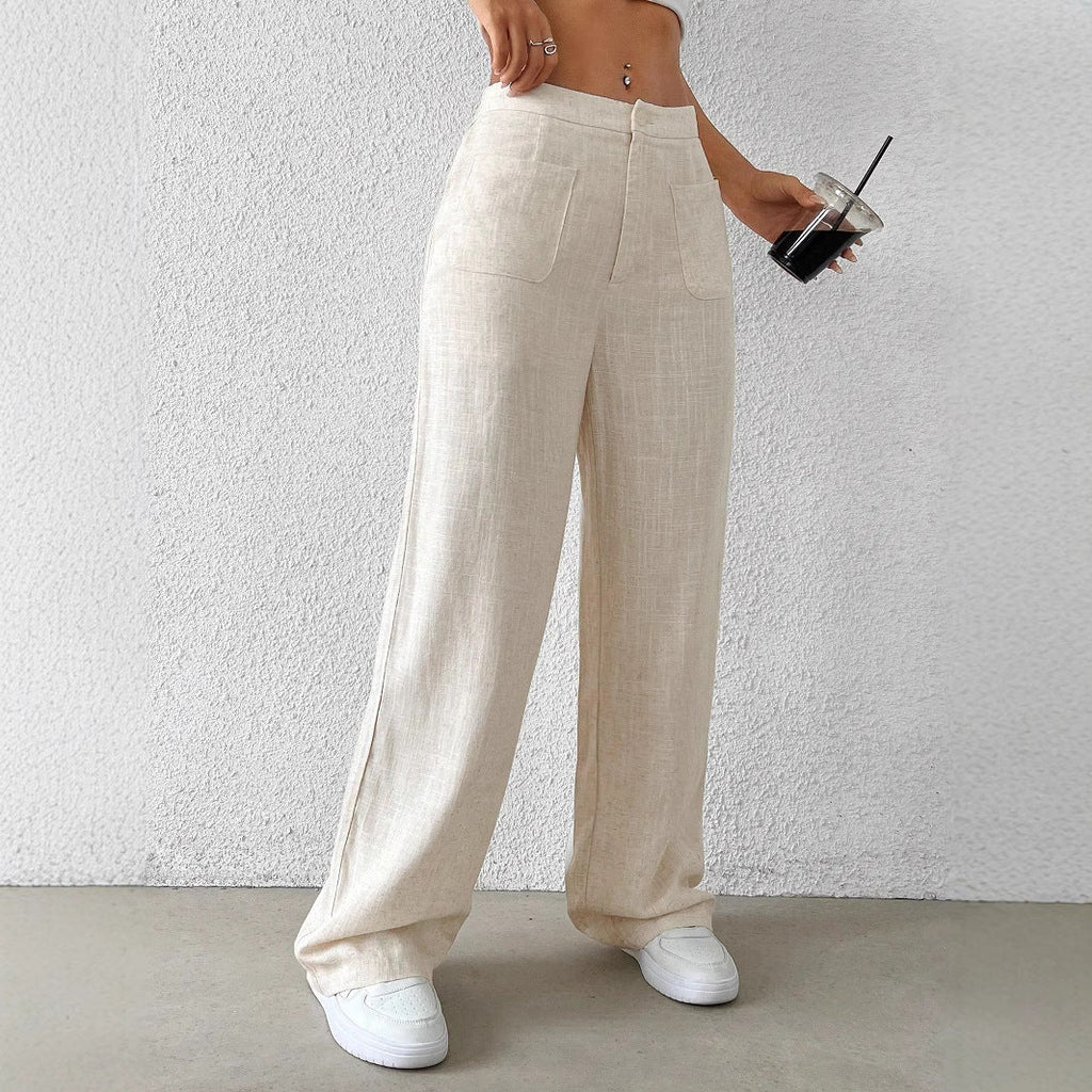Women's wide linen trousers with elasticated waistband and practical pockets, size