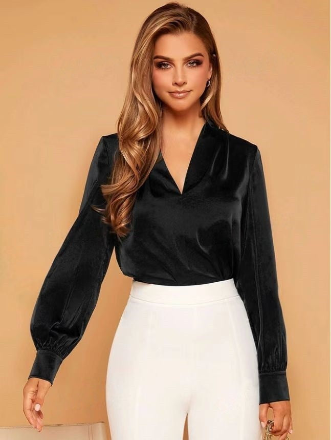 Valenzora | V-neck long-sleeved satin blouse