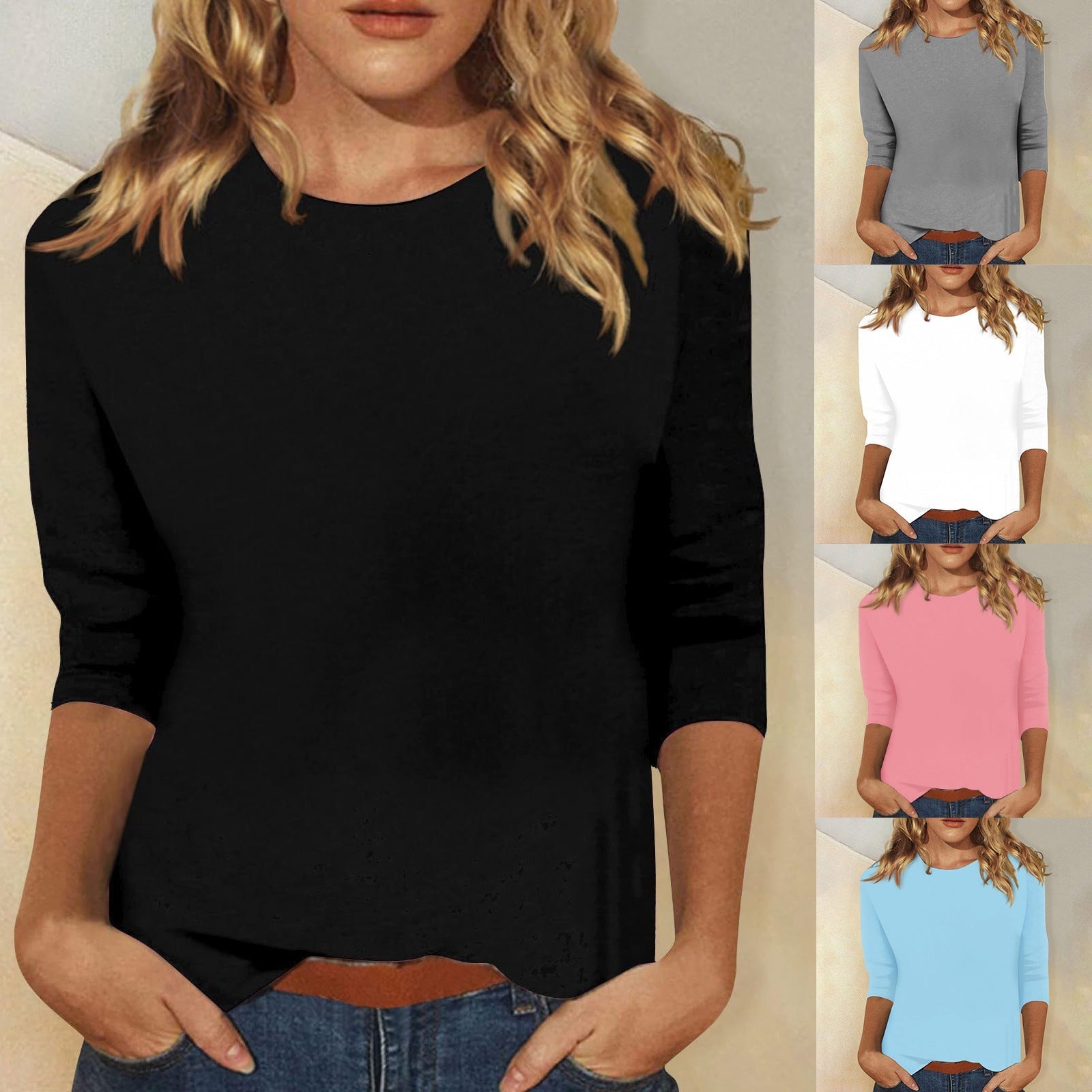 Women's casual top with elegant 3/4 sleeves and curved hem, size S