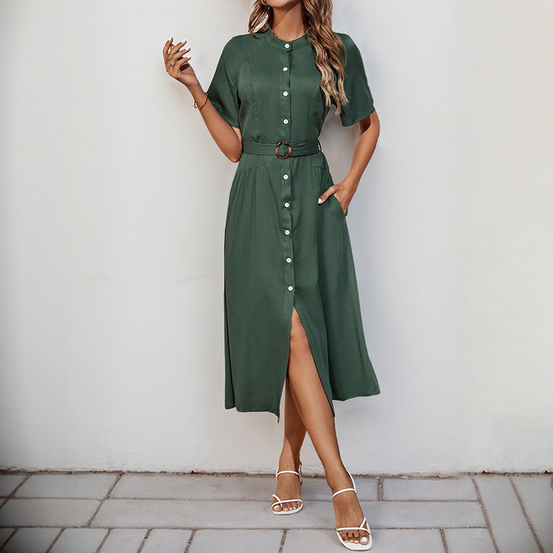 Damen-Midikleid mit eleganten Knopfdetails und schmalem Taillengürtel, Größe
