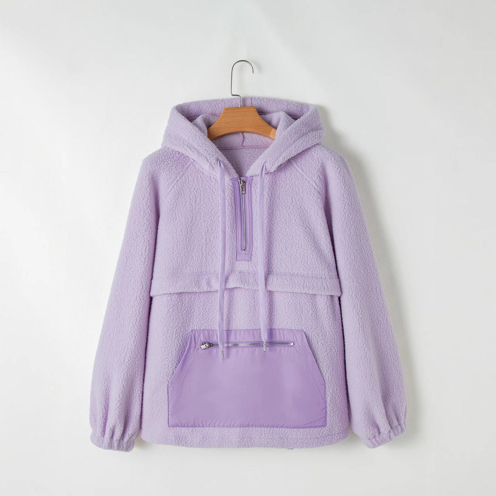 Women's fleece pullover with high collar and practical front pocket, size S