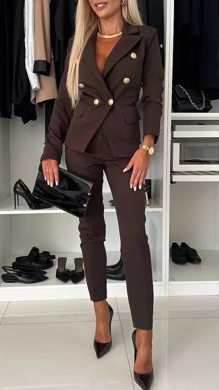 Women's elegant business suit set with double button placket and slim fit, size