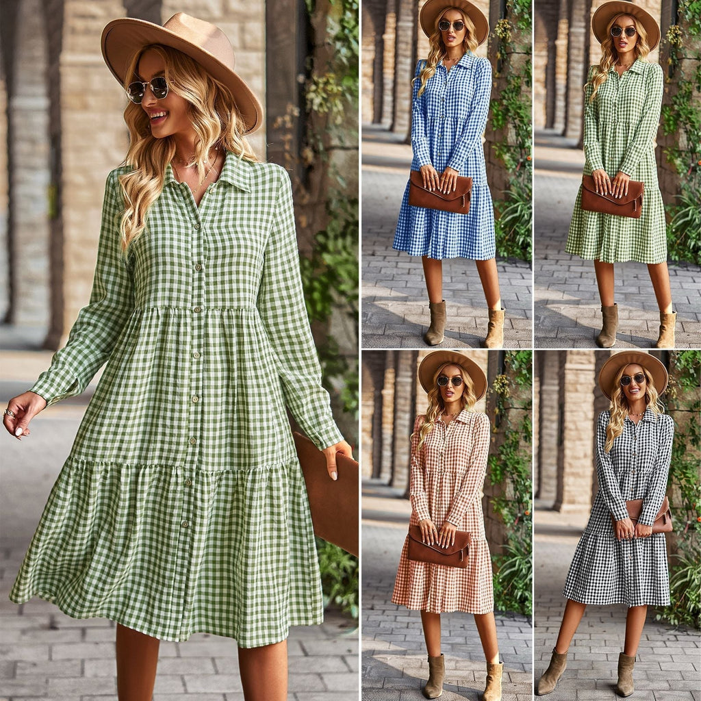 Women's checked midi blouse with button placket and flared skirt, size Valenzora