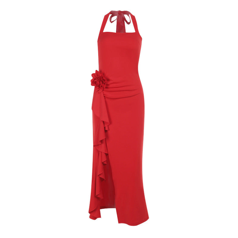 Women's evening dress with asymmetrical ruffle design and seductive halter neck, size Valenzora