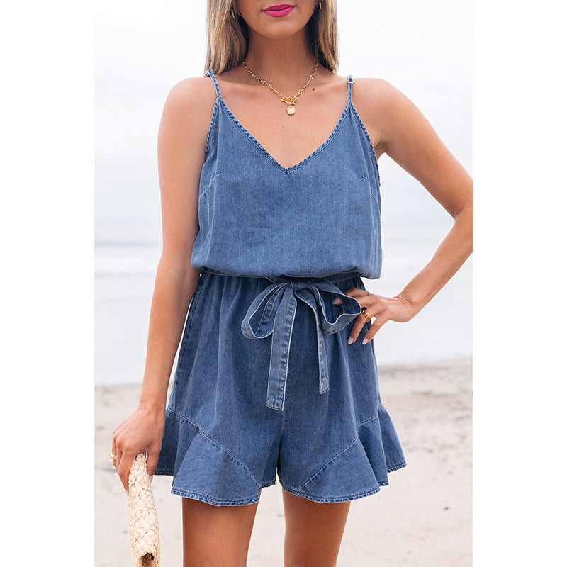 Women's denim jumpsuit with flounce and adjustable drawstring waist, size