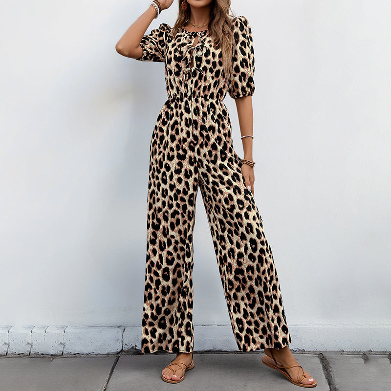 Women's casual jumpsuit with leopard print and off-the-shoulder puff sleeves, size [size]