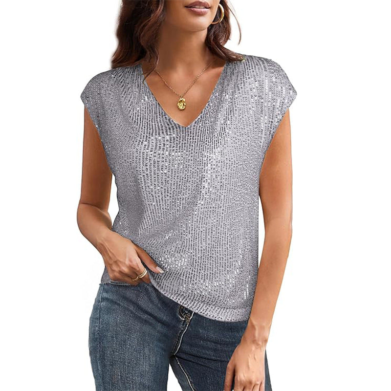 Women's glittery top with a V-neck and loose fit, size [size missing]