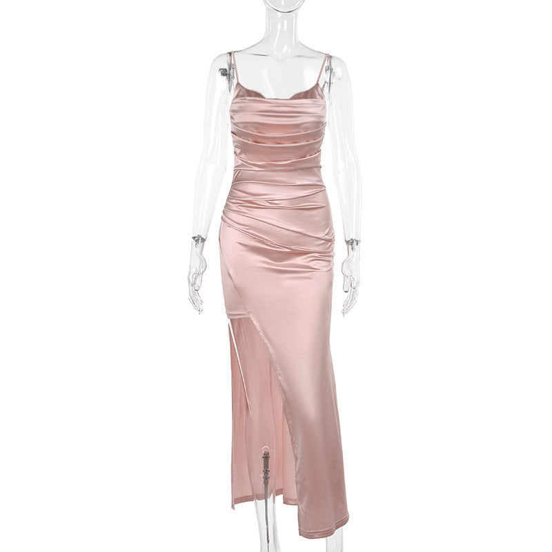 Elegantes Damen-Abendkleid aus Satin mit raffinierten Drapierungen und hohem Beinschlitz, Größe [size]