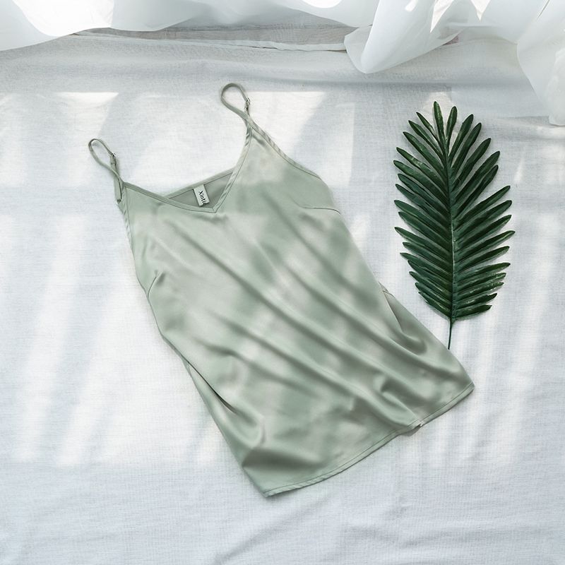 Women's silk-like spaghetti strap top with V-neck and adjustable straps, size