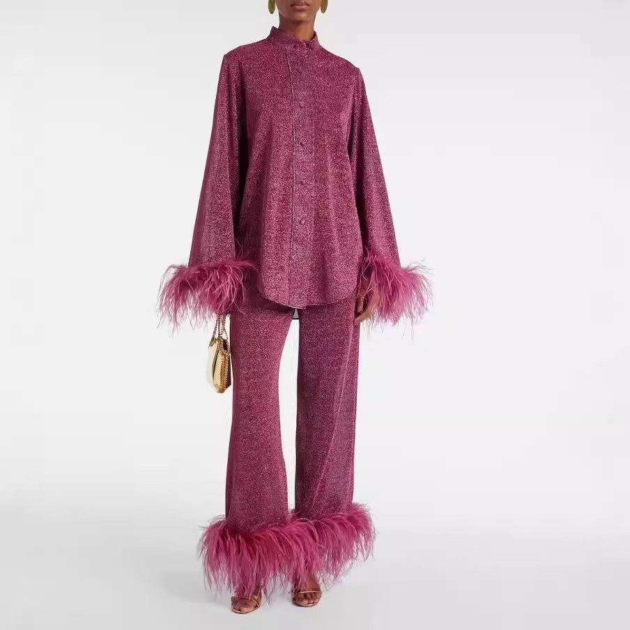 Valenzora | Autumn Winter Feather Stand-up Collar Long Sleeve Top and Trousers Set