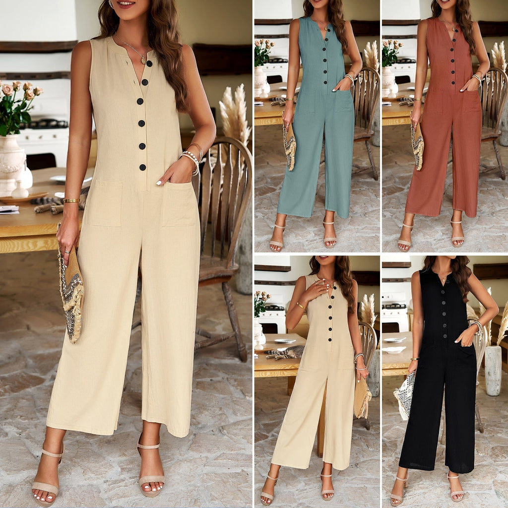 Women's casual jumpsuit with wide legs and button placket, size S