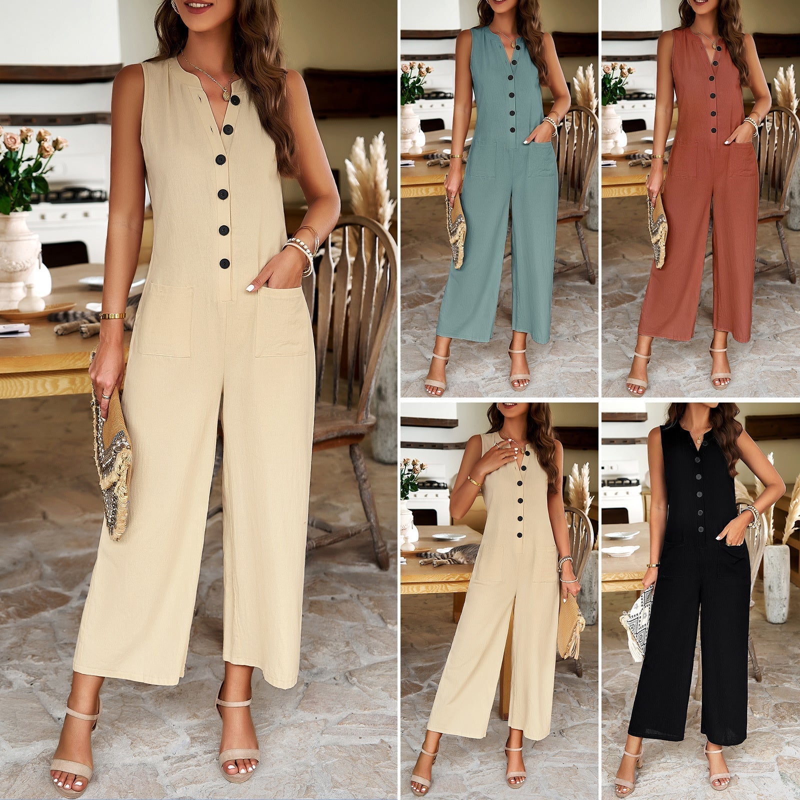Women's casual jumpsuit with wide legs and button placket, size S