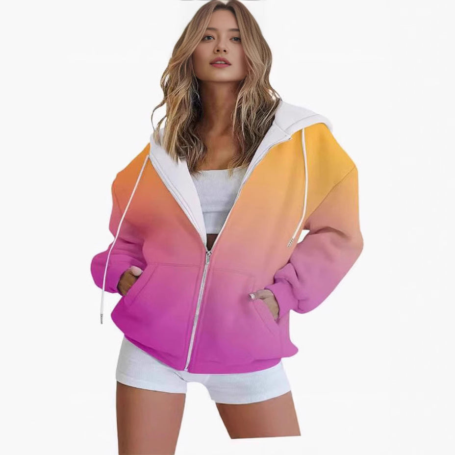 Women's oversized hooded jacket with color gradient and practical pockets, size