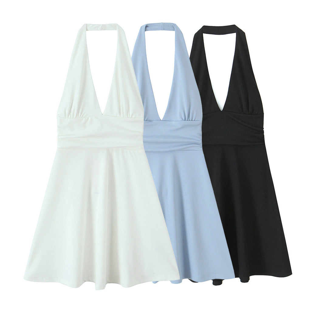 Damen-Neckholderkleid mit tiefem V-Ausschnitt und fließendem Rock, Größe