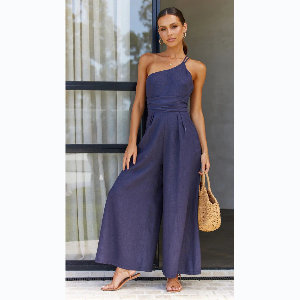 Damen-Jumpsuit mit weitem Bein und eleganten Spaghettiträgern, Größe