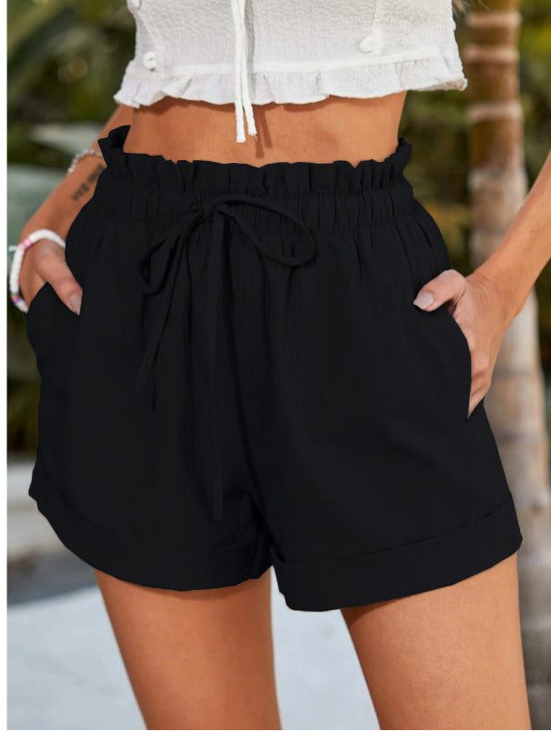 Women's casual shorts with elastic waistband and ruffle detail, size S