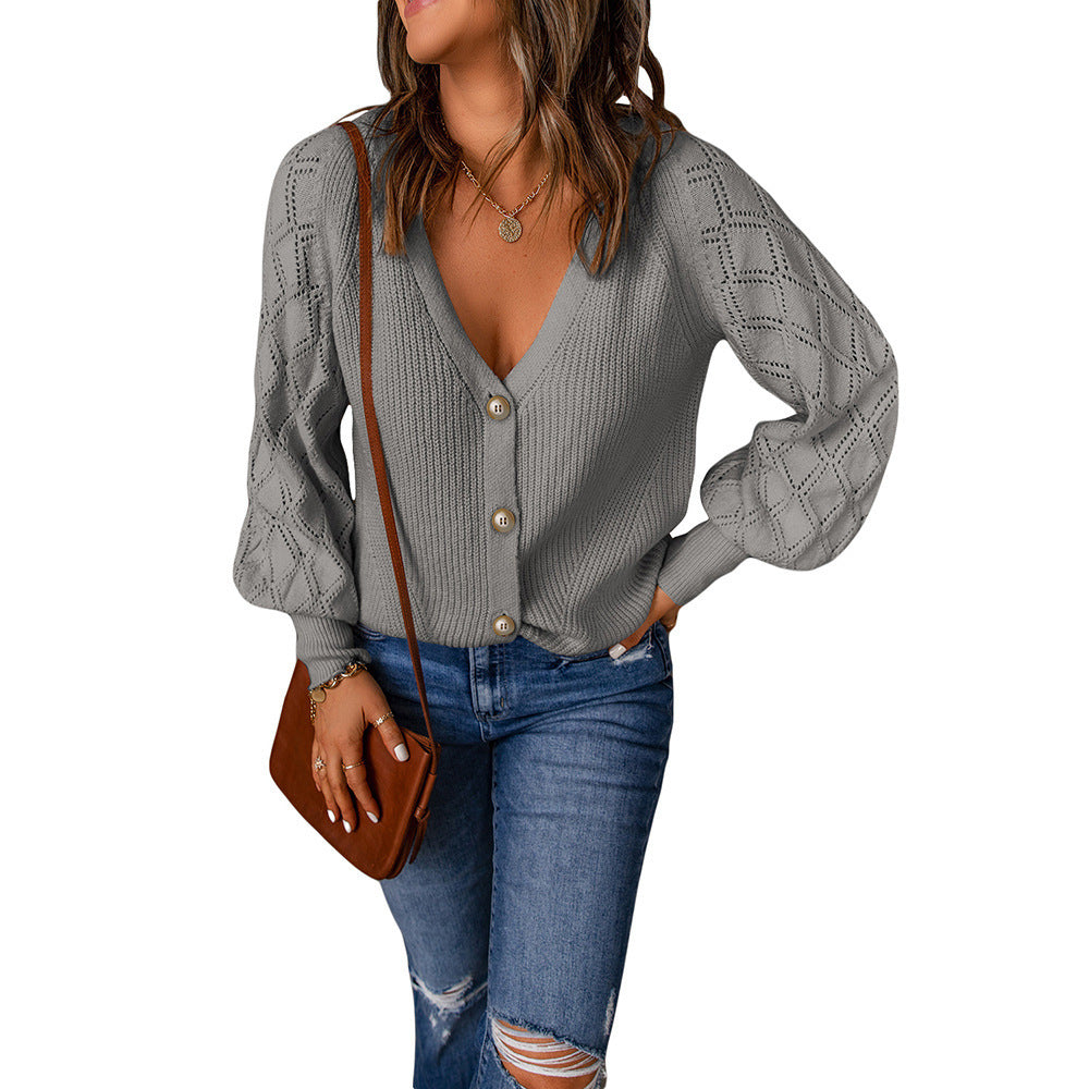 Women's cardigan with V-neck and puff sleeves, size