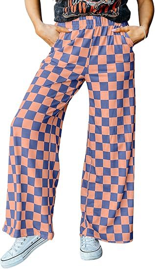 Women's checked palazzo trousers with elasticated waistband and practical side pockets, size Valenzora