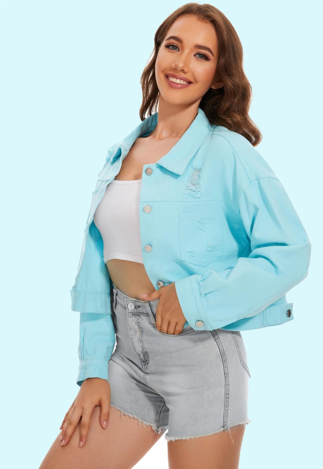 Jeansjacke für Damen im lässigen Crop-Stil mit Fransen, Größe Valenzora