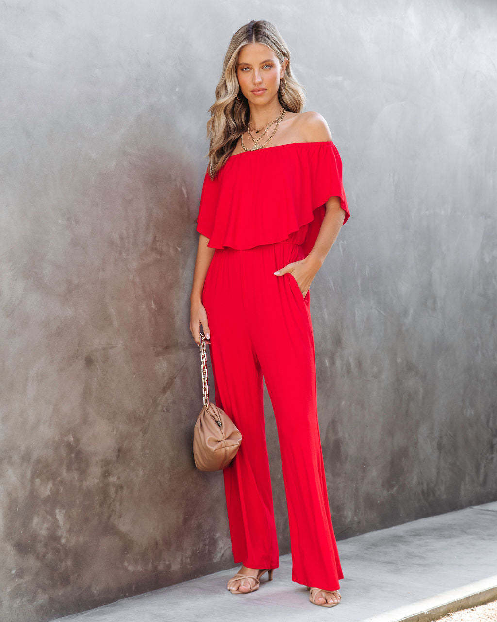 Eleganter schulterfreier Damen-Jumpsuit mit weitem Bein und fließendem Oberteil, Größe