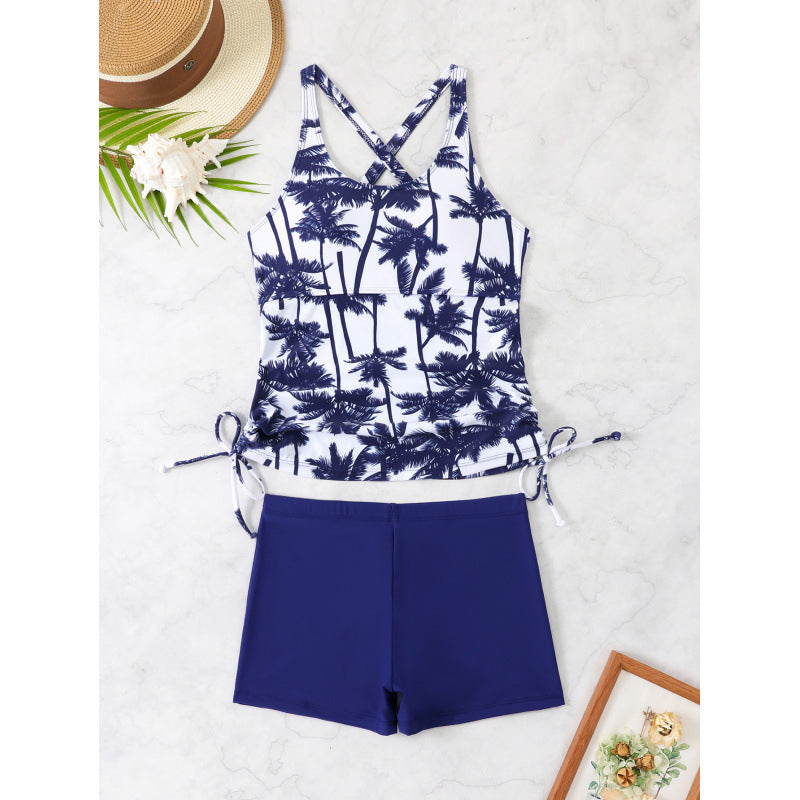 Women's tankini set with adjustable straps and modern palm print, size S
