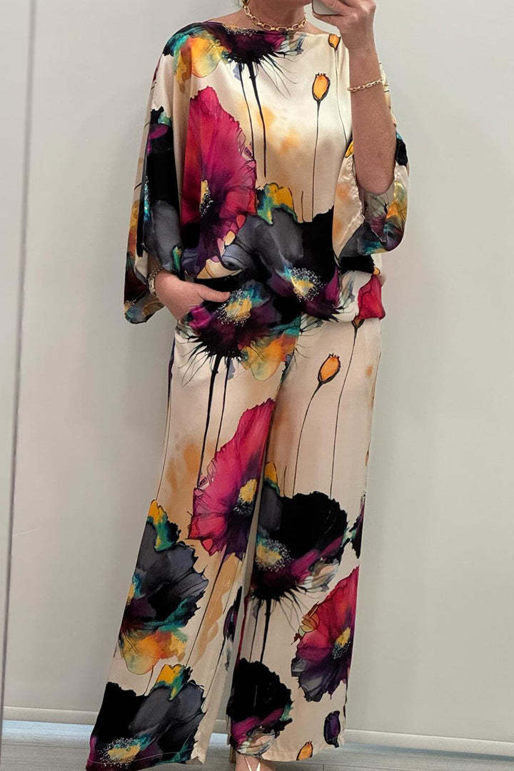 Valenzora | Elegant satin one-shoulder printed loose set