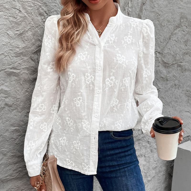 Women's blouse with elegant floral openwork pattern, size
