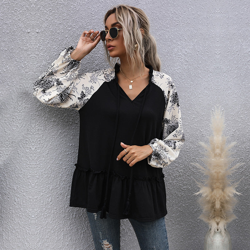 Women's hooded sweatshirt with floral design and peplum cut, size S