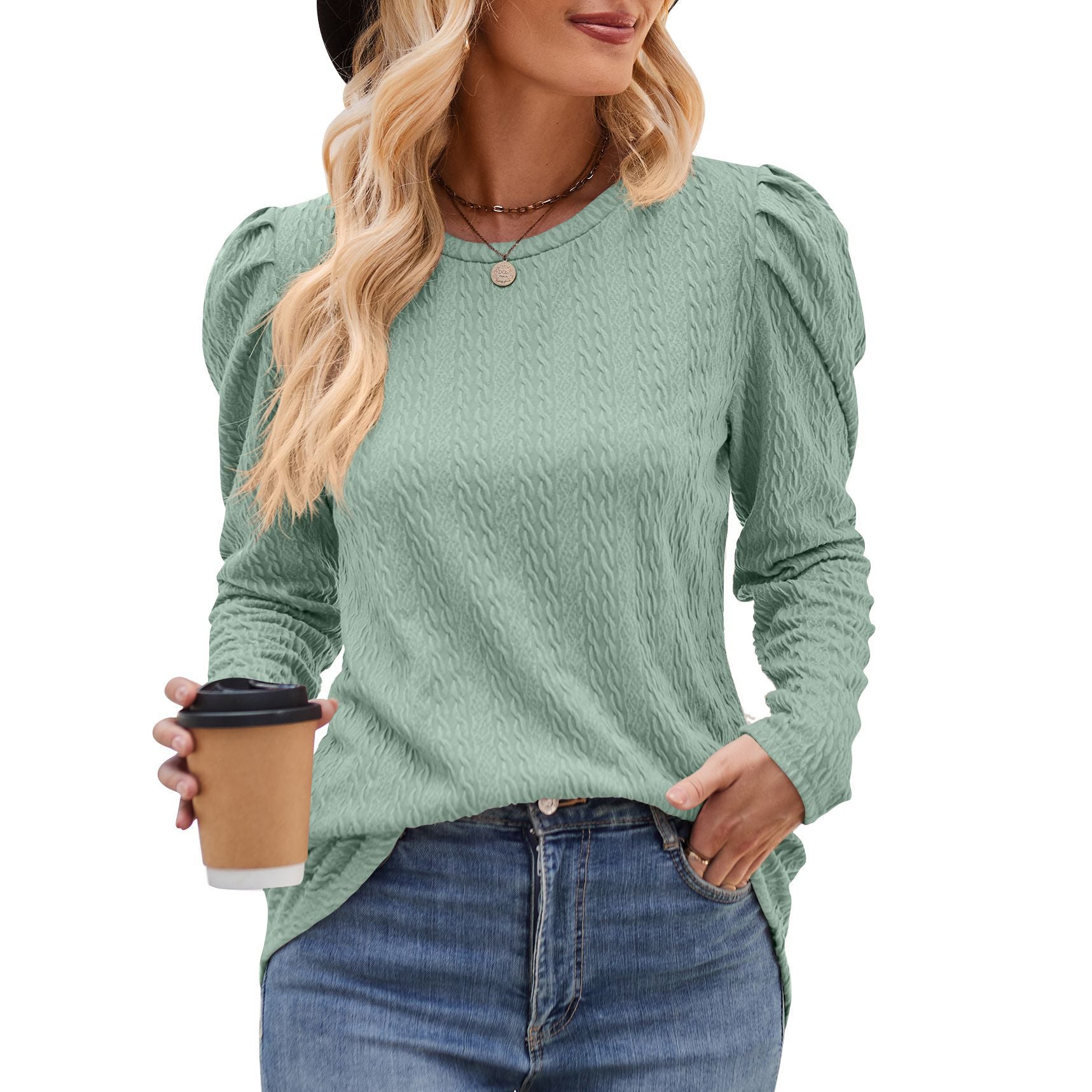 Elegante Damen-Langarmbluse mit Strukturmuster und Puffärmeln, Größe